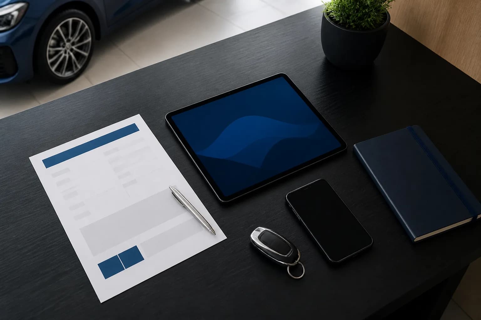 Mesa de trabalho organizada com proposta, tablet, celular e chave de veículo